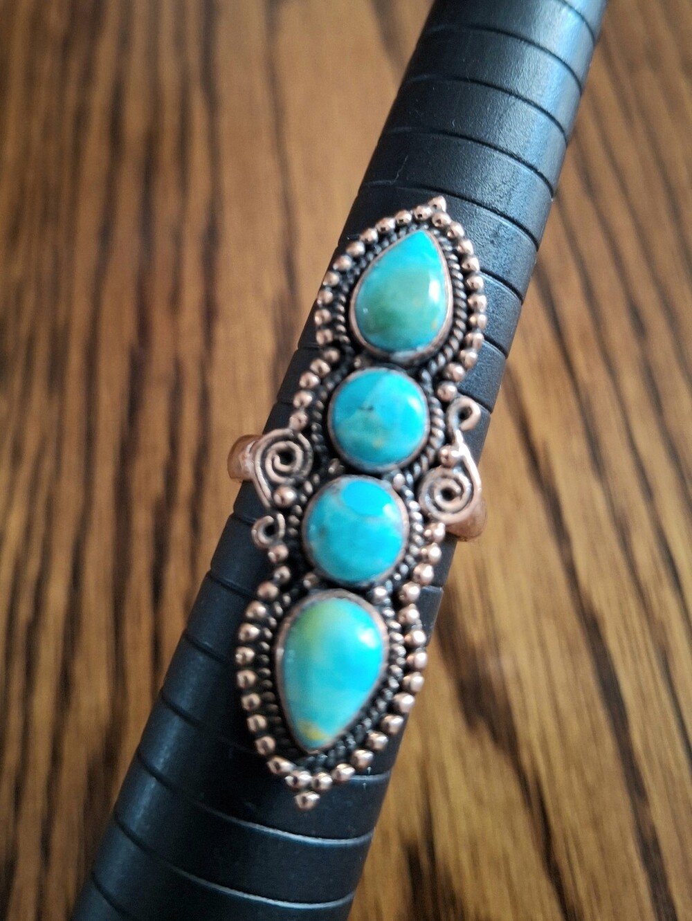 Turquoise 4 Natural Stones Ring On Copper Setting And Band Size 7